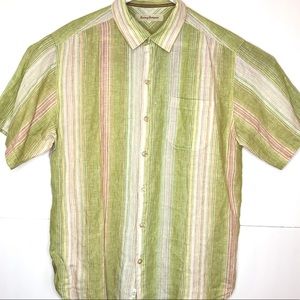 Tommy Bahama Linen Green Striped Shirt Large
